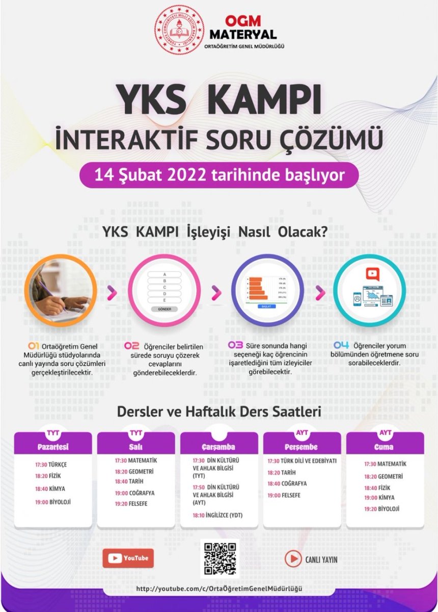 📢Yükseköğretime hazırlanan öğrencilerimize yönelik "YKS KAMPI İnteraktif Soru Çözümleri" bugün başladı.

🔗youtube.com/c/Orta%C3%B6%C… 

<a href="/tcmeb/">Millî Eğitim Bakanlığı</a> <a href="/hkncrt1/">hkncrt</a>