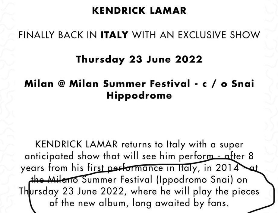 nfr_podcast's tweet photo. Kendrick Lamar’s new album is coming sooner than we thought…

He will be performing “the pieces of the new album” on June 23rd at the Milano Summer Festival! https://t.co/qBIDRZG9gR