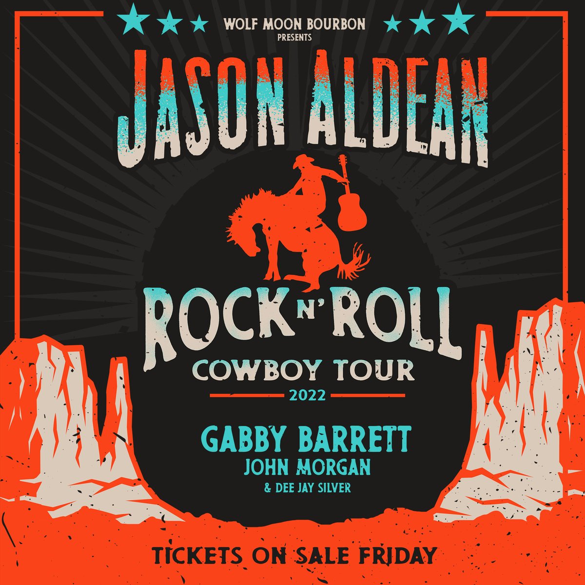 Jason_Aldean's tweet photo. Just announced! The #RockNRollCowboyTour presented by Wolf Moon Bourbon kicks off in July with special guests @GabbyBarrett_ and @JohnMorgan95. Tickets go on sale to the general public THIS Friday, Feb 18 at 10am local venue time. https://t.co/5MdG2EJRw9 https://t.co/IBbfZXrgIs