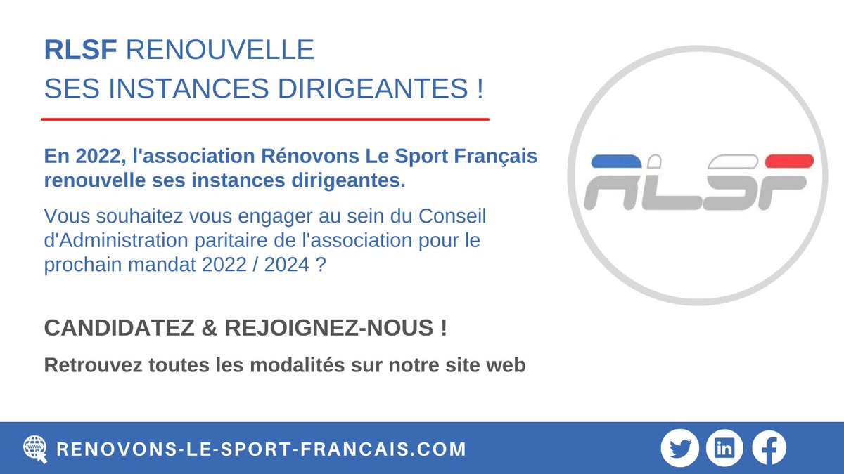 renovonslesport's tweet photo. {Gouvernance }
L'association @renovonslesport renouvelle ses instances dirigeantes paritaires en 2022 ! 
Vous souhaitez vous engager au sein de l'association ? Devenir membre actif ? 
Candidater au sein du prochain CA ? 
➡️ Modalités &amp; Contact : https://t.co/CdgtNTxHGl https://t.co/21SthB1XlD