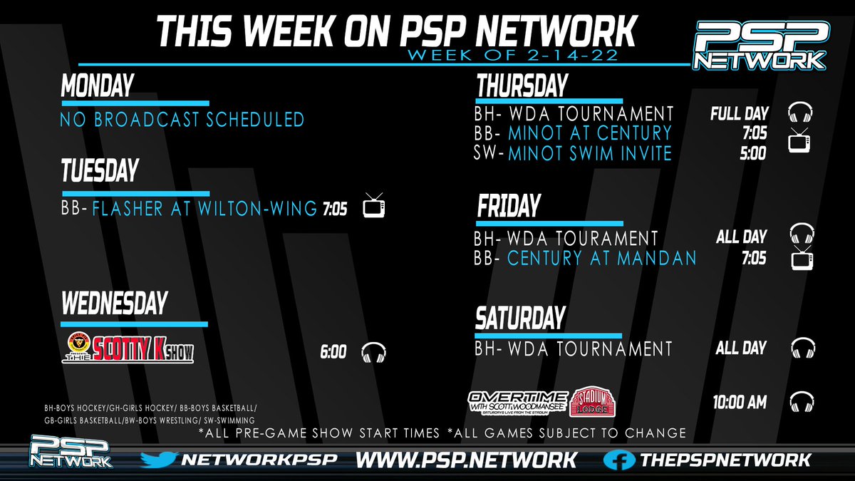 NetworkPsp's tweet photo. 📆🚨🏀🏒🏊‍♂️ THIS WEEK ON THE PSP NETWORK! (2-14-22)
***WDA HOCKEY TOURNAMENT WILL BE AUDIO ONLY. 
https://t.co/PrWfYfwzOY
@magicianhockey @JaysHockey @DemonHockey1 @chspuck @WHSCoyotes @BravesHKY1 @BottineauBraves @DHSMidgetHockey @HockeySabers @BballCentury https://t.co/HH6toZrpHB