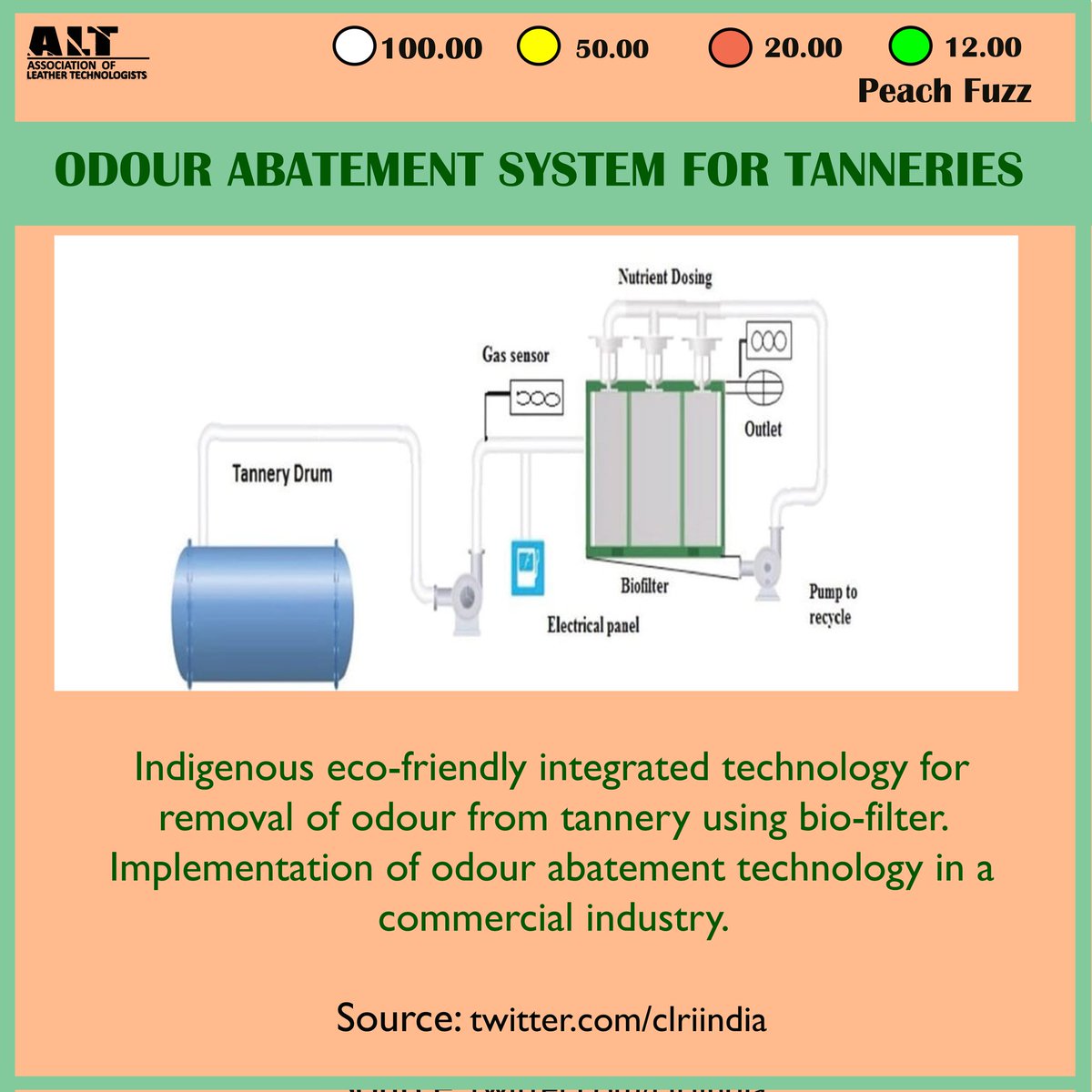 we_the_alt's tweet photo. ODOUR ABATEMENT SYSTEM FOR TANNIERIES:

Indigenous eco-friendly integrated technology for removal of odour from tannery using bio filter.
.
.
.
Implementation of odour abatement technology in a commercial industry.

#clri
#wethealt
#scroscianz https://t.co/kfZeLSbge8
