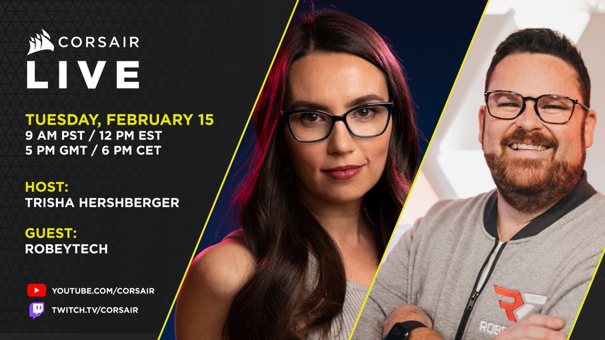 CORSAIR's tweet photo. 3 hours to go! 

Join us for a CORSAIR LIVE event with @thatgrltrish &amp; @robeytech, filled with new announcements, giveaways, Q&amp;A, and more!

👉 https://t.co/tISCXs76QP https://t.co/leAhKGepQ6