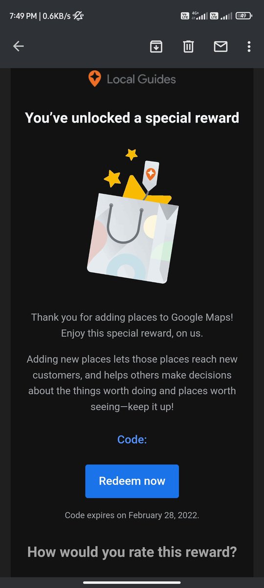 PadarthyHemanth's tweet photo. @googlemaps I got a reward through mail, but the code is missing to redeem it. https://t.co/bWFZFf7Ckf