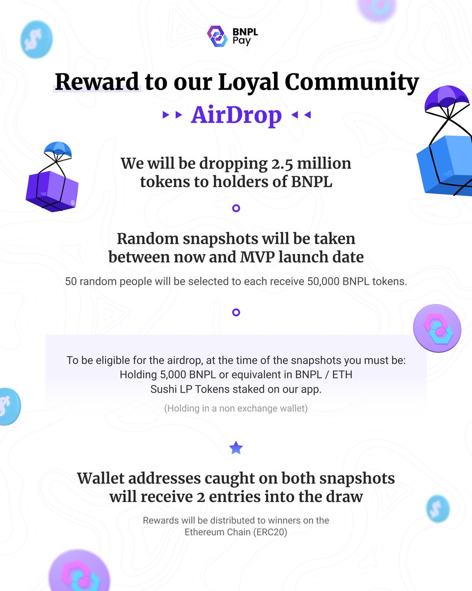 bnplpay's tweet photo. 🚨Airdrop alert ❗️❗️

A reward for our loyal community 💜

#giveaway #airdrop #crypto https://t.co/JYTEg1jc3O