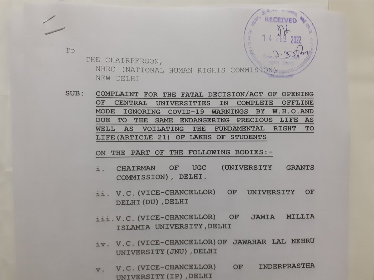 Adv_Gulati1's tweet photo. @India_NHRC @NCWIndia @NCCPR 
@Delhiuniversit @rashtrapatibhvn @ugc_india @mamidala90 Complaint registered by me at NHRC,NCW, NCPCR against Chairman of UGC,V.C's of DU, Jamia,JNU,IP University for conducting classes in offline mode instead of hybrid
#HybridModeShouldBeAChoice https://t.co/K0s1ttDgng