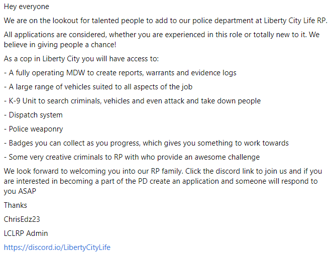 lclrp_fivem's tweet image. Hey guys!

We are on the lookout for talented police to add to our department!

See images below for more info...

Interested? click the link below to join us

➡️discord.io/LibertyCityLife⬅️

#GTARP #GTARoleplay #FiveM #GTA5 #GTAIV