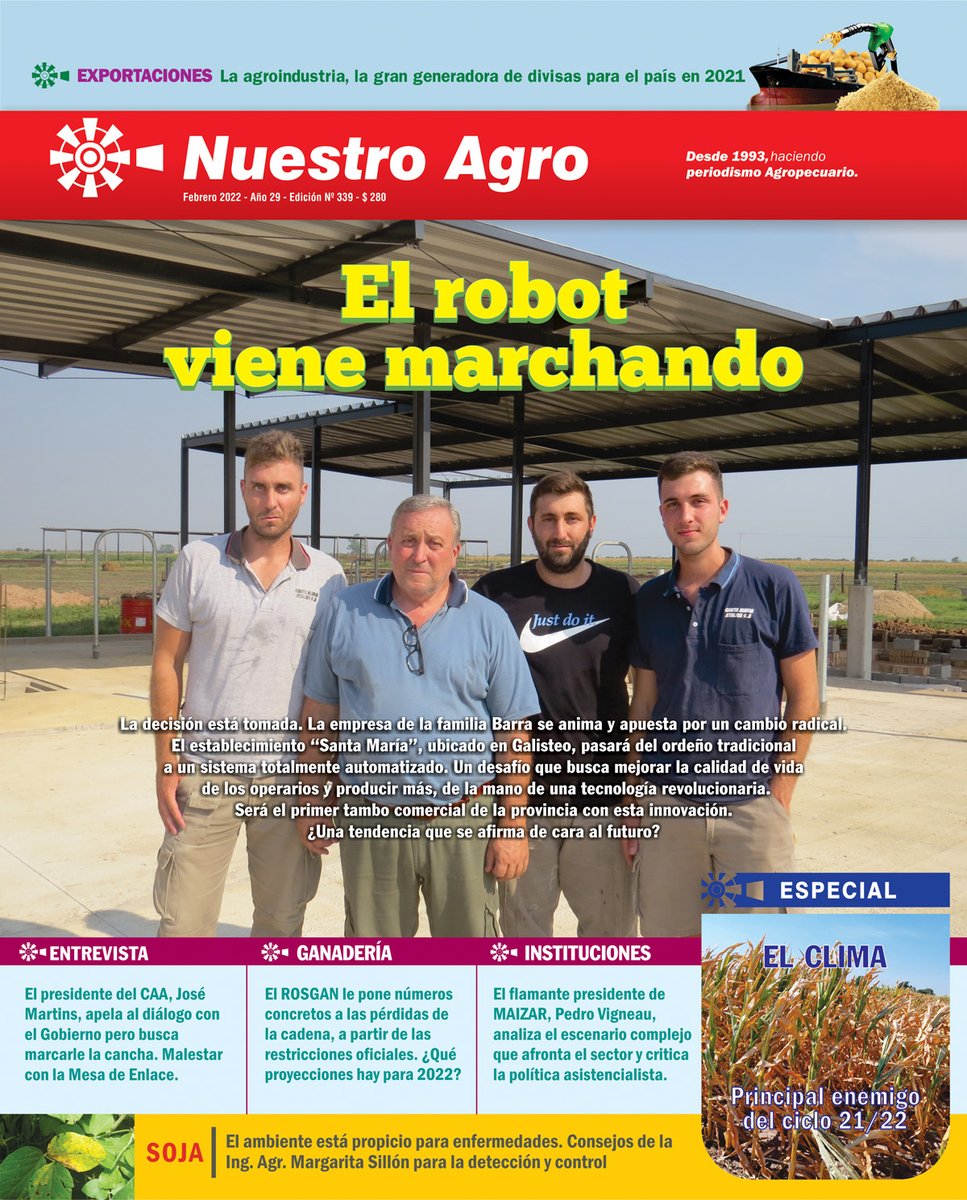 nuestroagro's tweet photo. Compartimos la #tapa de @nuestroagro correspondiente al mes de #febrero

Se viene el primer #tambo #robot comercial de Sta Fe y estuvimos en el establecimiento "Santa María S.A." para conocer los detalles.

Agradecimiento especial a la familia Barra, apasionados por la #lechería https://t.co/h6AQJ8aVHR