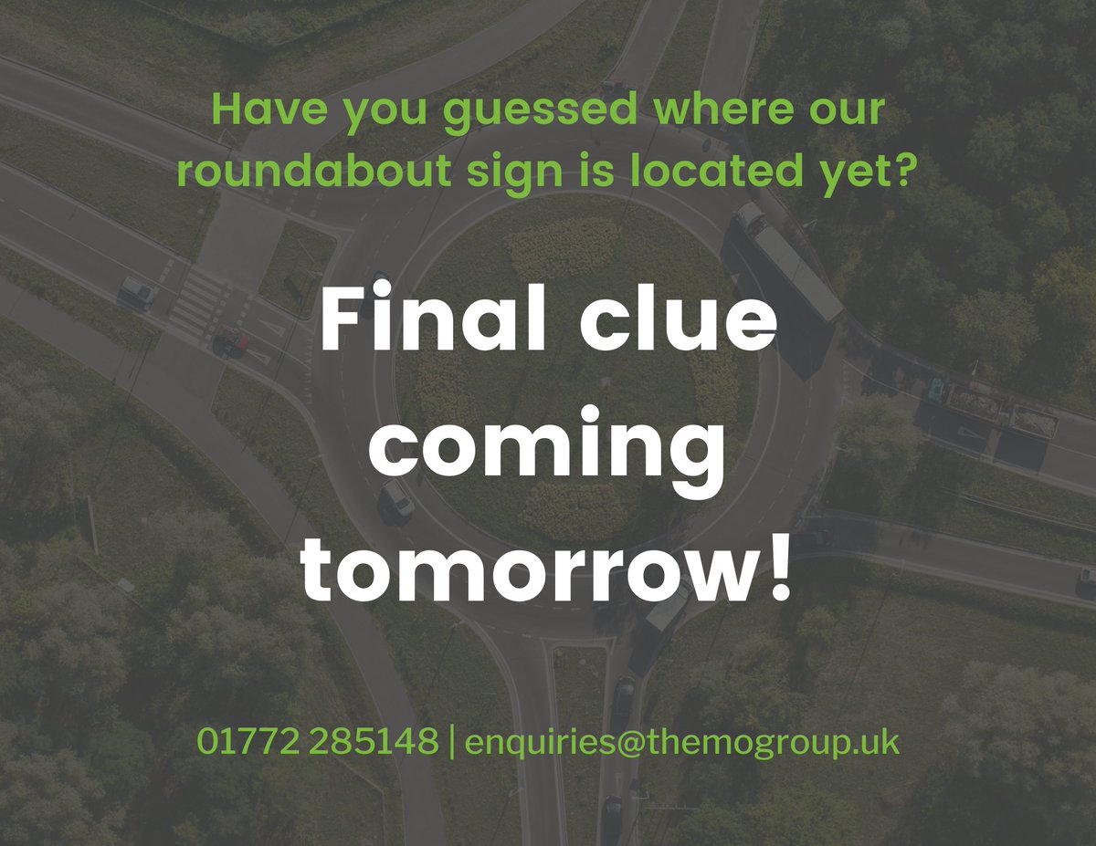 TheMOGroupUK's tweet photo. FINAL CLUE COMING TOMORROW!

Have you guessed from our previous clues where it is located? If you guess correctly, you could be in the draw to win £250 prize money!

Keep an eye out! 👀

#competitiontime #competition #roundabout #guess https://t.co/xPyrOC4Eot