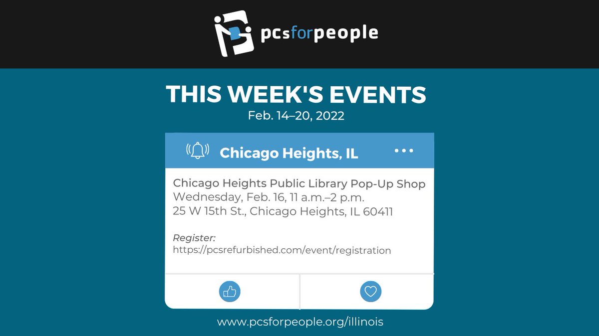 PCsforPeople's tweet photo. Live in the #Chicago or #ChicagoHeights area and need an #affordablecomputer? We've got two events this week: 2/16 at @chplibrary and 2/18 at SW American Job Center at @daleycollege. Pre-register at https://t.co/ajHX28I4mT https://t.co/NI4vR4UhLL