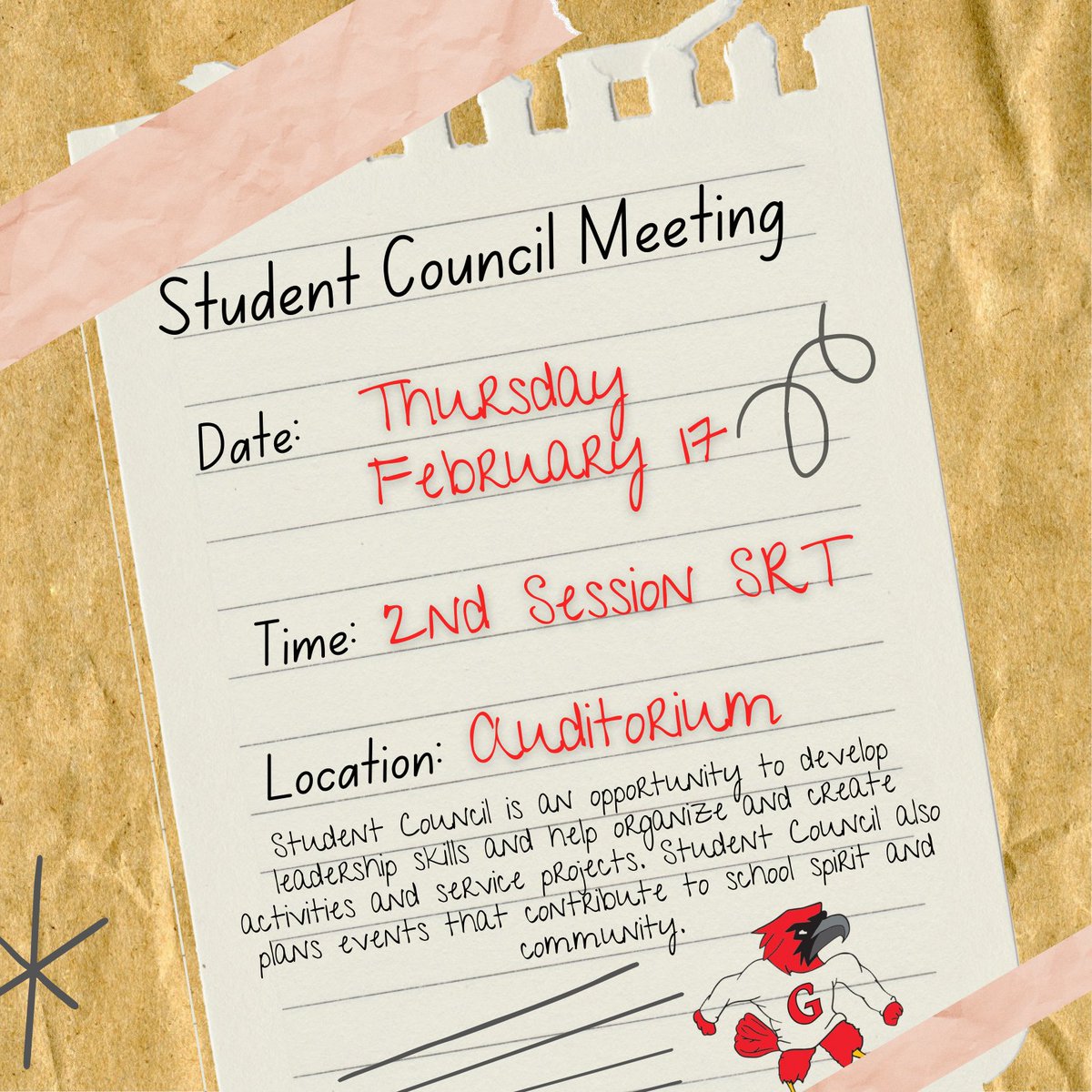 Student Council will be meeting Thursday, Feb 17 to discuss Life Skills Prom, Spring Fling, and spirit weeks. Student Council is an opportunity to develop leadership skills and help organize and create activities and service projects.