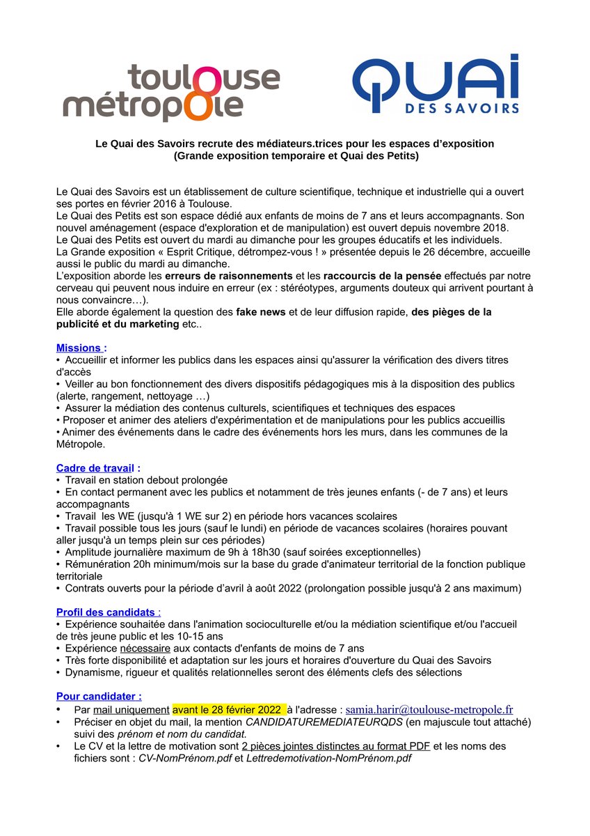 [📢 Offres d'emploi ] 

➡️ Des médiateurs / médiatrices pour les espaces d’exposition du #QuaiDesSavoirs (Grande exposition &amp; #QuaiDesPetits)

⌛️ Candidatures avant le 28/02/22 (via le mail indiqué dans l'annonce svp)

ℹ️ quaidessavoirs.fr/espace-acteurs…

#emploi #i4emploi #csti