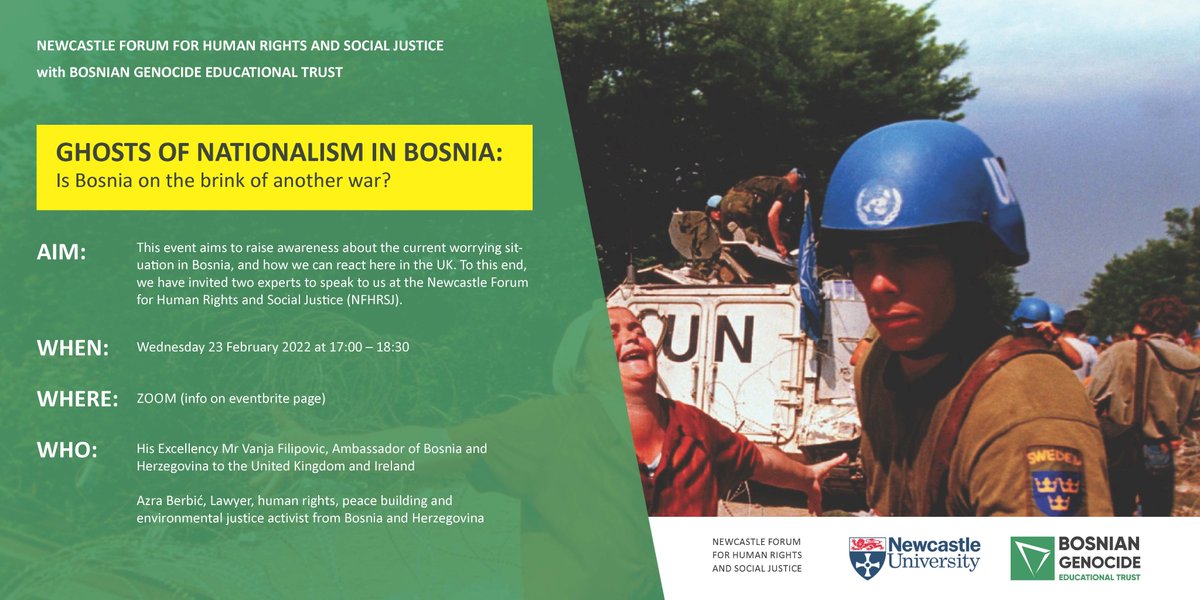 NCLLawSchool's tweet photo. Join @nclhumanrights &amp; @BGET_UK to raise awareness of the current worrying situation in Bosnia and how we can react here in the UK. We are holding a seminar on Wed 23 Feb 17:00-18:30 GMT https://t.co/d8WaDEBhMS