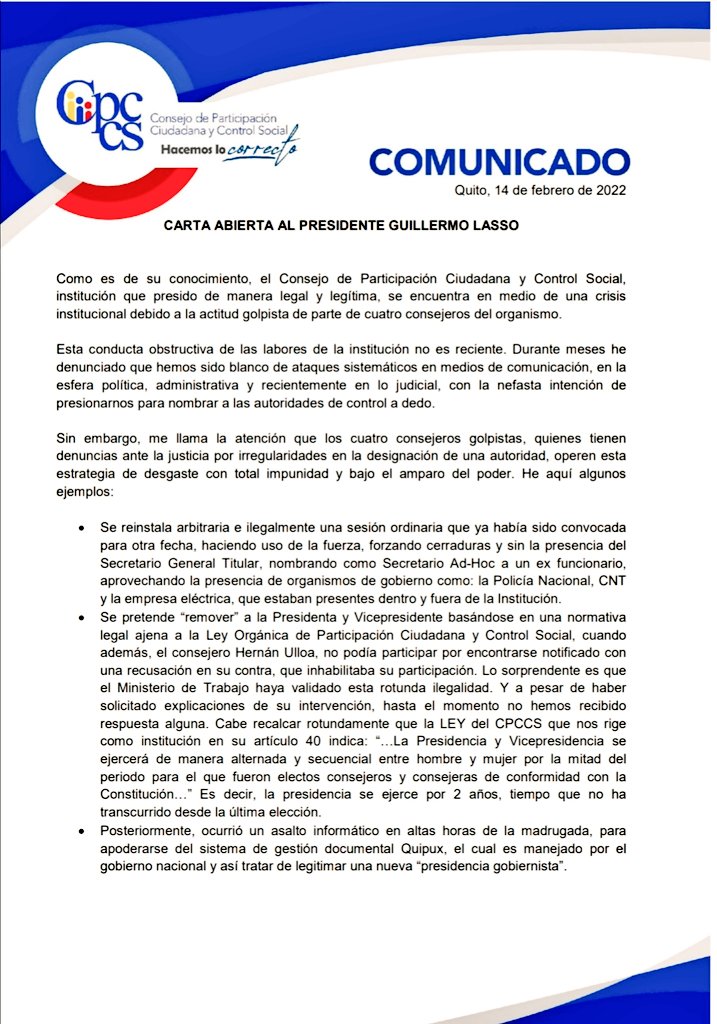 SofiaAlmeidaEc's tweet photo. 🔴 #Atención 🇪🇨 // Carta abierta al presidente @LassoGuillermo.

No claudicaré ante ningún tipo de presión ni autoritarismo. 

#NoAlGolpeDeEstado https://t.co/XN3NeKOTw7