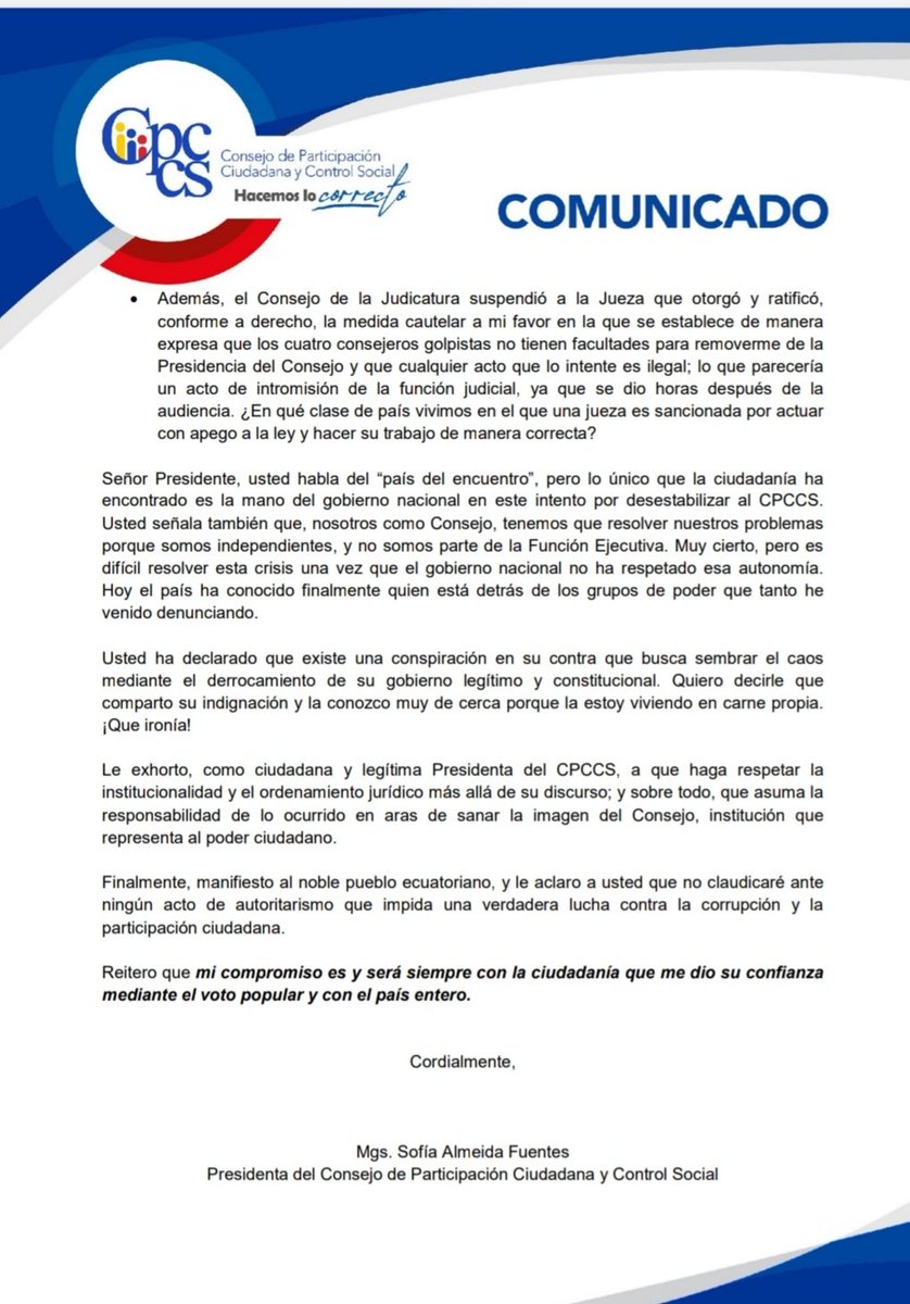 SofiaAlmeidaEc's tweet photo. 🔴 #Atención 🇪🇨 // Carta abierta al presidente @LassoGuillermo.

No claudicaré ante ningún tipo de presión ni autoritarismo. 

#NoAlGolpeDeEstado https://t.co/XN3NeKOTw7