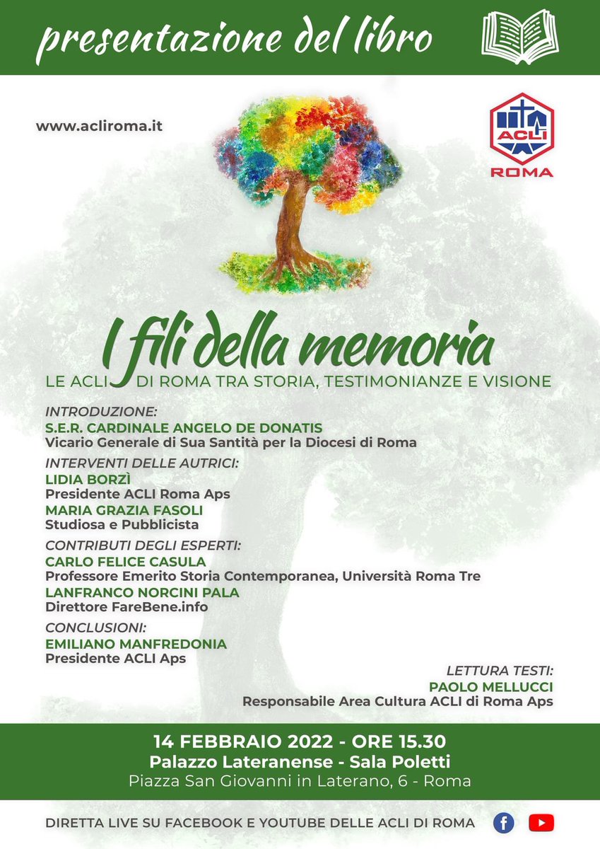 ACLI_Roma's tweet photo. #14febbraio Al Palazzo Lateranense presentazione libro #IFiliDellaMemoria. Introduce card. vicario #AngeloDeDonatis @diocesidiroma interventi autrici @borzilidia #MariaGraziaFasoli 
Contributi #CarloFeliceCasula @lanfranconp @emimafre 

🔴 QUI LA DIRETTA https://t.co/jFNw5ZsM9p https://t.co/SDwC11m6KK