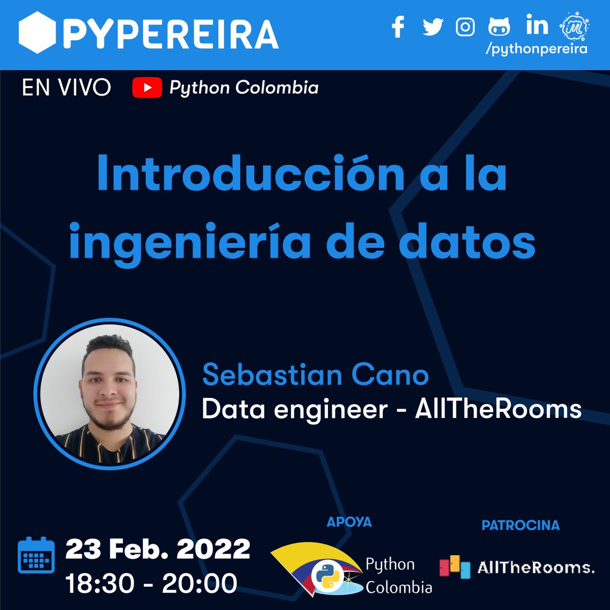 pythonpereira's tweet image. 📣 Queremos invitarlos a nuestro meetup virtual de Febrero, en esta ocasión contaremos con una interesante charla 🐍💻:
👉 Introducción a la Ingeniería de Datos por Sebastian Cano
🚩Inscripciones: bit.ly/pypereira-feb
Agradecemos a nuestros patrocinadores AllTheRooms🤗