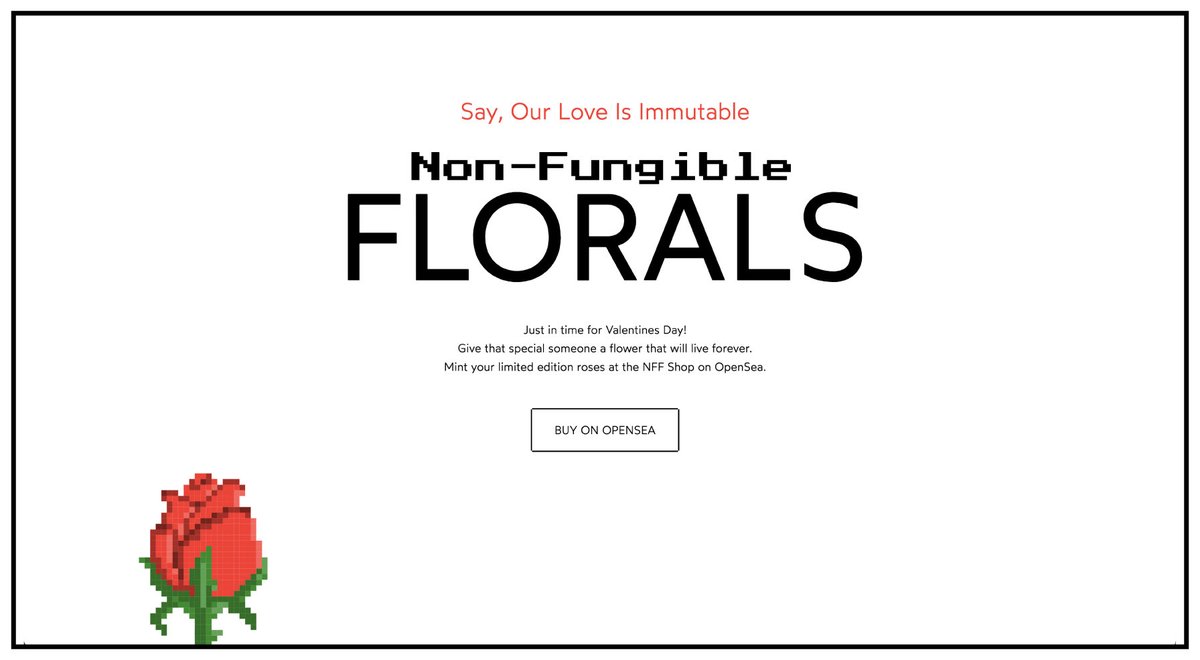 SeeMax's tweet photo. Say, our love is immutable with a non-fungible floral!
https://t.co/YwT11uieHe
New Valentines Day NFT project. Mint that special someone a rose. https://t.co/N4e83z4ID3