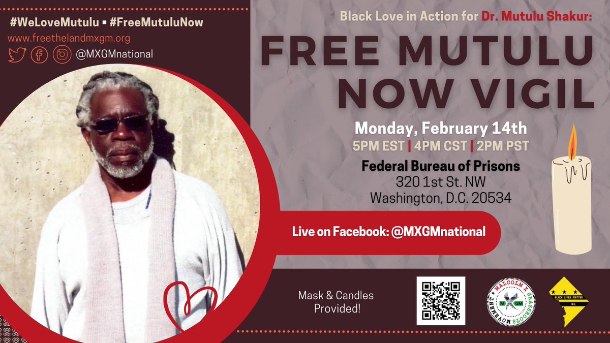 📢❣️🌹 TODAY at 5PM EST! 

Let’s put our #BlackLove in Action for Dr. #MutuluShakur! Join us &amp; demand <a href="/POTUS/">President Donald J. Trump</a> <a href="/JoeBiden/">Joe Biden</a> &amp; <a href="/OfficialFBOP/">Federal Bureau of Prisons</a> release him immediately! Baba is a respected elder &amp; healer &amp; should be home w/his loved ones. #FreeMutuluNOW #WeLoveMutulu

📍FBOP 1st &amp; C ST NW