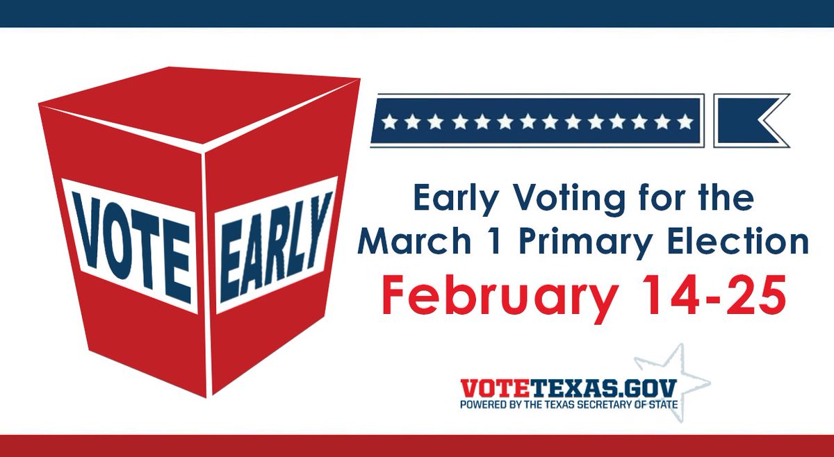 #EarlyVoting for the March 1 Primary Election in #Texas starts TODAY! Texas voters can cast a ballot at ANY polling location in their county. Make sure to visit votetexas.gov to find your nearest polling location & plan your trip to the polls: votetexas.gov/voting/index.h…