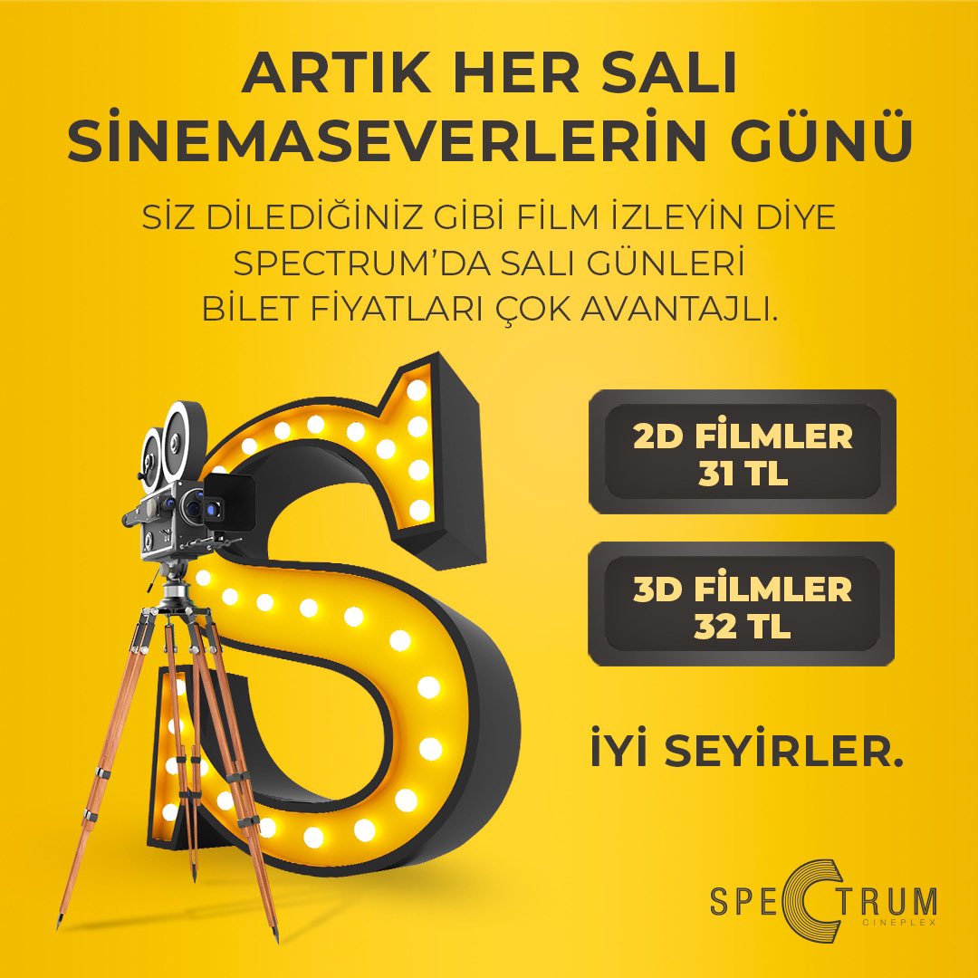 Artık her salı sinemaseverlerin günü.🤩

Siz dilediğiniz gibi film izleyin diye Spectrum’da salı günleri bilet fiyatları çok avantajlı.🎬

#SpectrumSinema #Sinema #FilmKaldığıYerdenDevamEdiyor #Film #VizyonFilmleri #SinemaKeyfi #FilmKeyfi