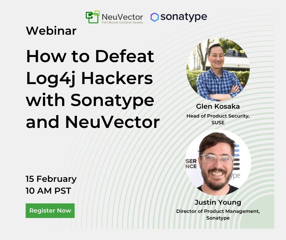 Join @Sonatype and <a href="/NeuVector/">NeuVector, now part of SUSE</a> for tomorrow's webinar exploring critical #security issues, insights into the #Log4J activity and more. Save your spot today. 👉 okt.to/K7sZGV