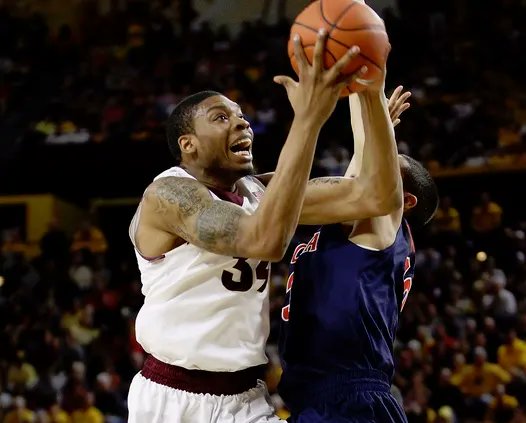 AZSportsHistory's tweet photo. 2/14/14 – #ASU upset #2 UA 69-66 in 2OT (the biggest upset at Wells Fargo Arena ever - #4 Oregon in 1982) behind Jermaine Marshall's 29p (8p in the 2OT and the game-winning layup with 14sec left). UA fell to 23-2. J. Bachynski: 13p/7r/8b. J. Carson: 17p/6a. #ForksUp #BearDown https://t.co/dXnK4nzYqW