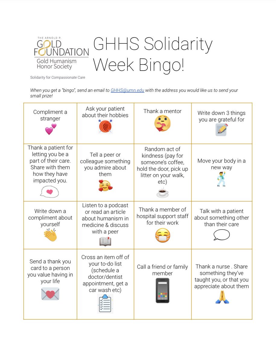 Welcome to Solidarity Week, presented by the UMN Gold Humanism Honor Society!
Check out our Bingo card to encourage humanistic acts this week and play along if you like!

#GHHS #compassionatecare #SolidarityWeek