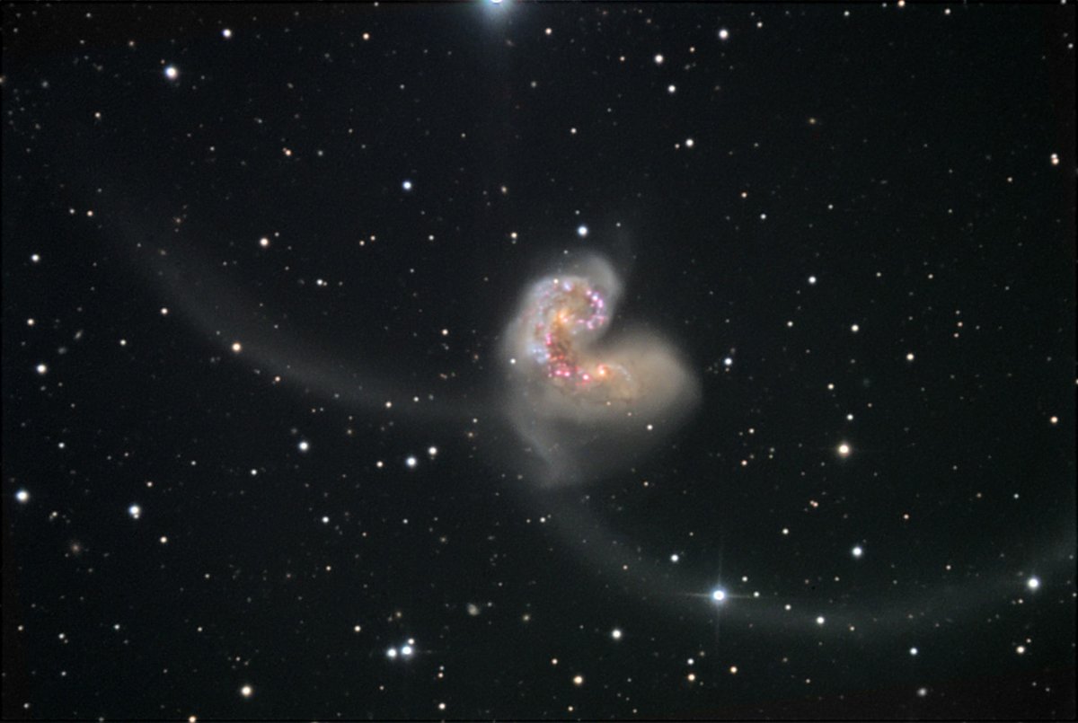 HubbleTelescope's tweet photo. Who can spot a tilted heart in this shot from @NOIRLabAstro? 💖 This scene spotlights the Antennae, two merging spiral galaxies. Hubble’s follow up helps astronomers identify which star clusters were created in the collision: https://t.co/plMIJb8mts #ValentinesDay https://t.co/We6sWWQz7n