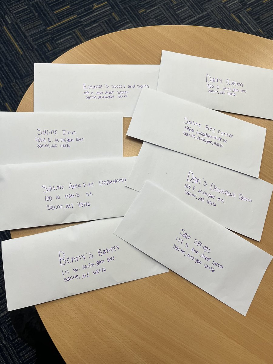 MKA_Marshall's tweet photo. Portion of the envelopes being sent off today with messages of good cheer to special people and treasured places within Saline. #teamsecondgrade #sascompass #spreadjoy #wmlearn https://t.co/4ykHlt3iCN