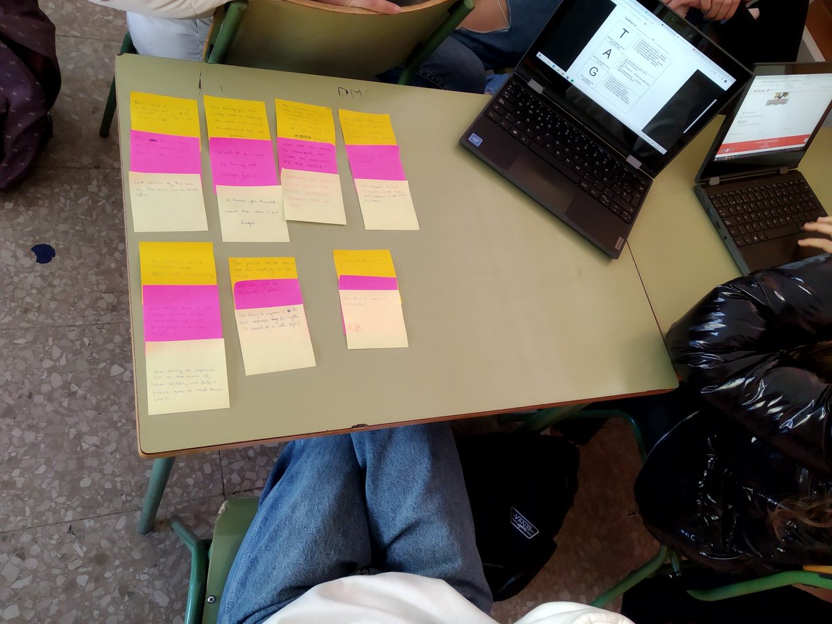 dolorsllas's tweet photo. Using TAG feedback and post-its as peer assessment to improve final products of the project World Hunger designed by @montseirun. Easy to be implemented, essential asset in cooperative work #1stbat @INSJoanOro. https://t.co/BNUvc5mzkn