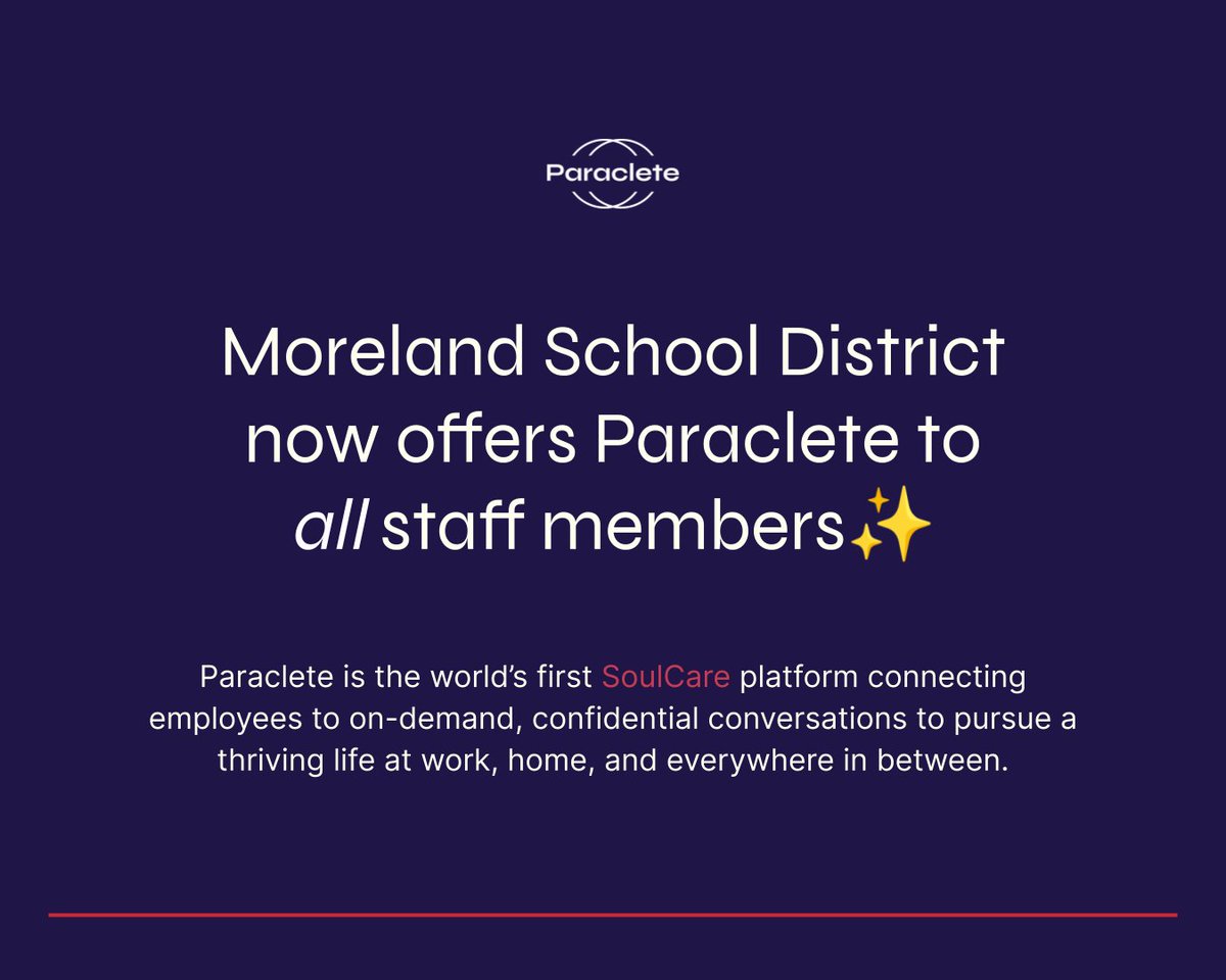 Forte (@getfortehq) on Twitter photo What a perfect announcement for Valentine's Day β€οΈπ
<a href="/MorelandSchools/">Moreland School Dist</a> is now offering Paraclete to all staff and employees π
Welcome, Moreland! Let's do some SoulCare.
#SoulCare #MorelandCares #ProudtoParaclete #ParacletePartner What a perfect announcement for Valentine's Day β€οΈπ
<a href="/MorelandSchools/">Moreland School Dist</a> is now offering Paraclete to all staff and employees π
Welcome, Moreland! Let's do some SoulCare.
#SoulCare #MorelandCares #ProudtoParaclete #ParacletePartner