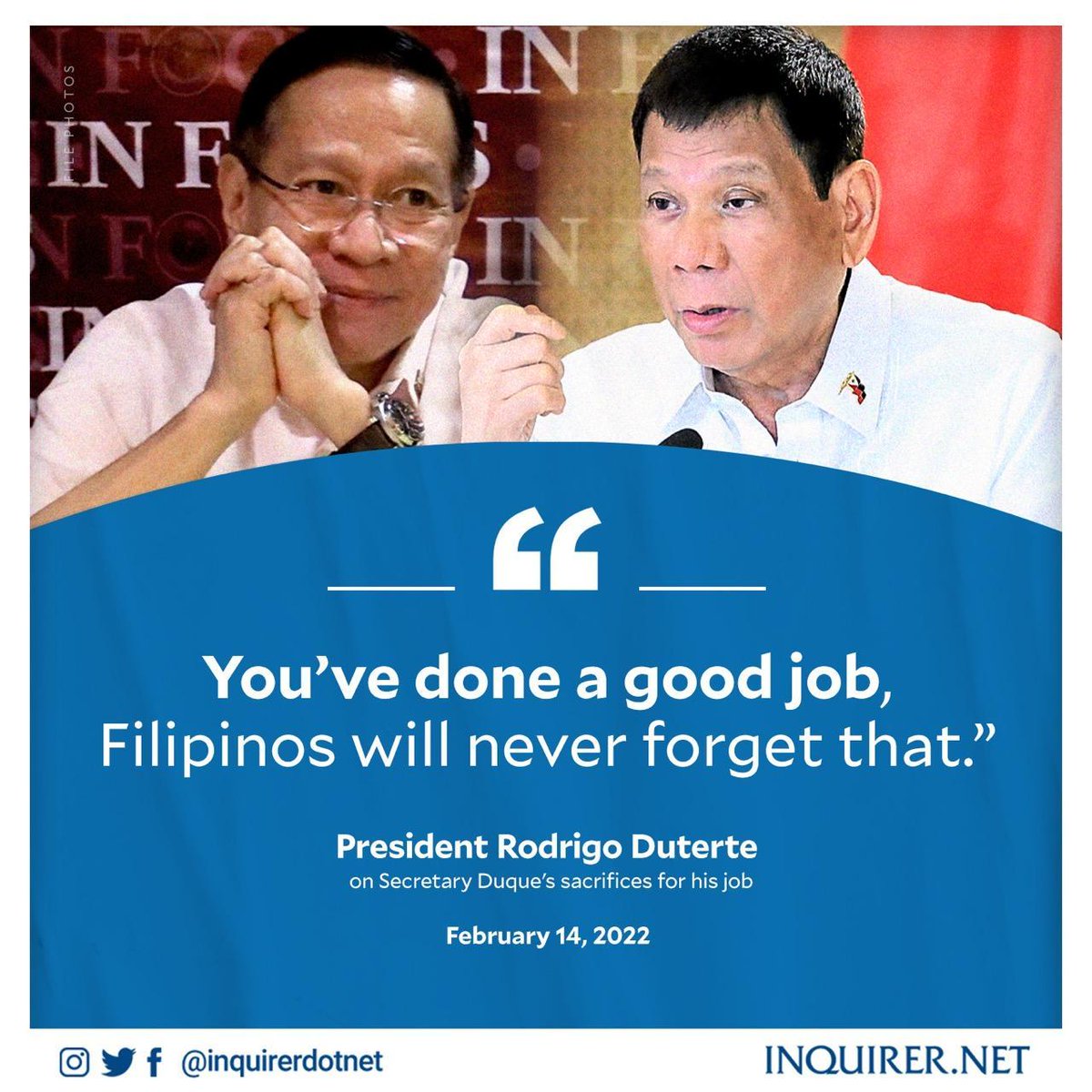inquirerdotnet's tweet photo. LOOK: President Rodrigo Duterte commends Health Secretary Francisco Duque III on Monday during his weekly taped “Talk to the People” briefing. | @NAMercadoINQ

Read more: https://t.co/kIkHkjKclI https://t.co/JU7KkRSk2U