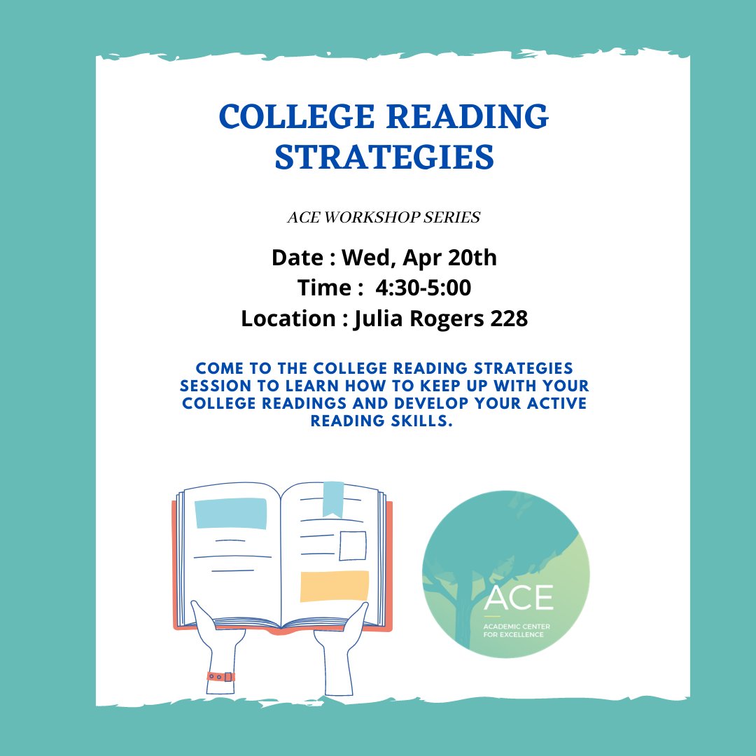 ACEGoucher's tweet photo. Hello Gophers,

Join ACE on Wednesday, April 20th from 4:30-5:00 in Julia Rogers 228 for the "College Reading Strategies" Workshop ☺

Come to the College Reading Strategies session to learn how to keep up with your college readings and develop your active reading skills. https://t.co/EZRtRJaWkF