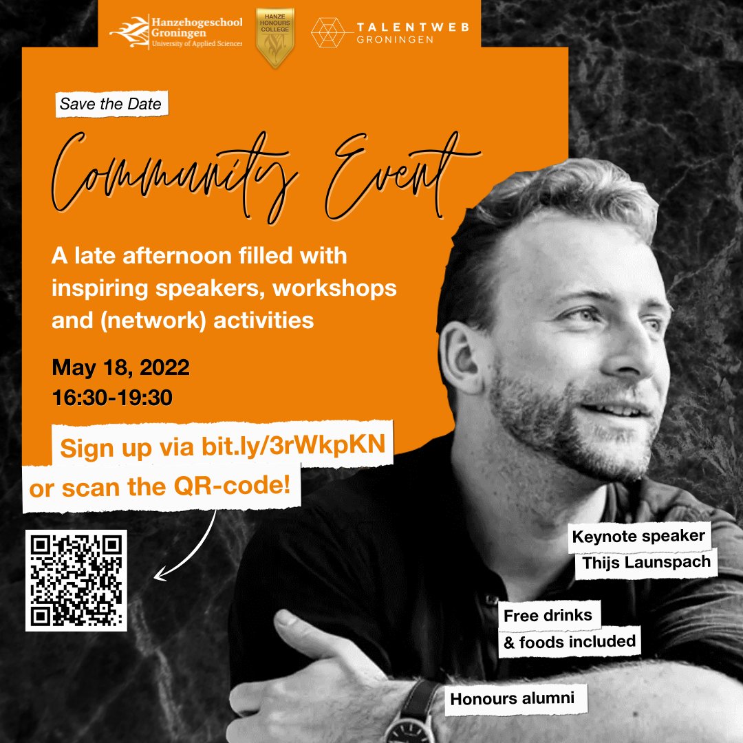 The biggest Honours event of the year is coming! On May 18th, 2022 from 16:30, you are invited to a late afternoon filled with inspiring speakers, workshops and (network) activities, organised in collaboration with <a href="/TWG050/">TalentWeb Groningen</a> 💬 Sign up here: bit.ly/3rWkpKN