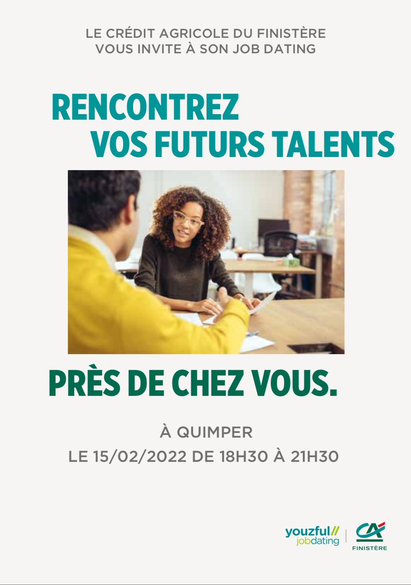 [Agenda🗓] 
Barillec Marine participe à l'événement YouzFul Job Dating, organisé par Crédit Agricole du Finistère en partenariat avec Wizbii le 15 février prochain, à #Quimper. 
#emploi #orientation #metiers #cdd #cdi #alternance i