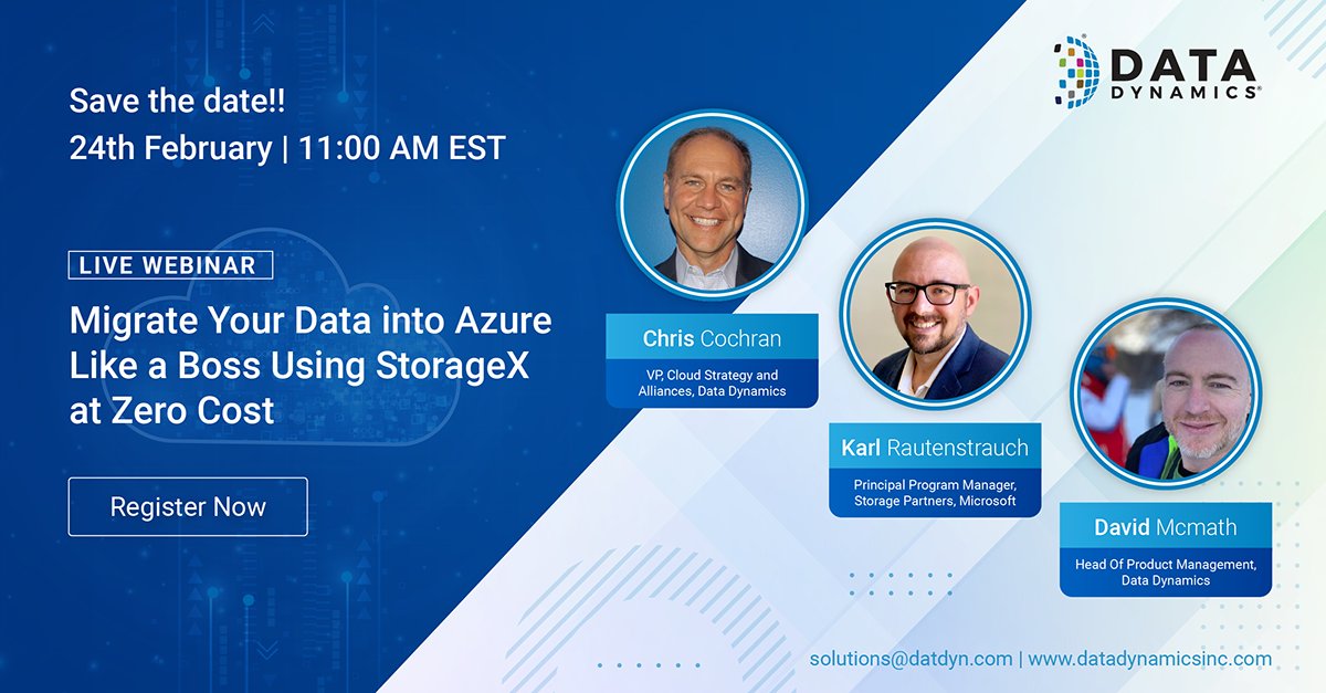 DataDynamicsInc's tweet photo. #LIVEWebinar on 2/24! We’re talking with @Kloud_Karl  from @Microsoft about the #Azure File Migration program. Karl along with Chris Cochran &amp; David McMath from Data dynamics will discuss how to #migrate #data into Azure at ZERO cost. 

Register today https://t.co/GzhNpMs5qs https://t.co/egqzGguvFl