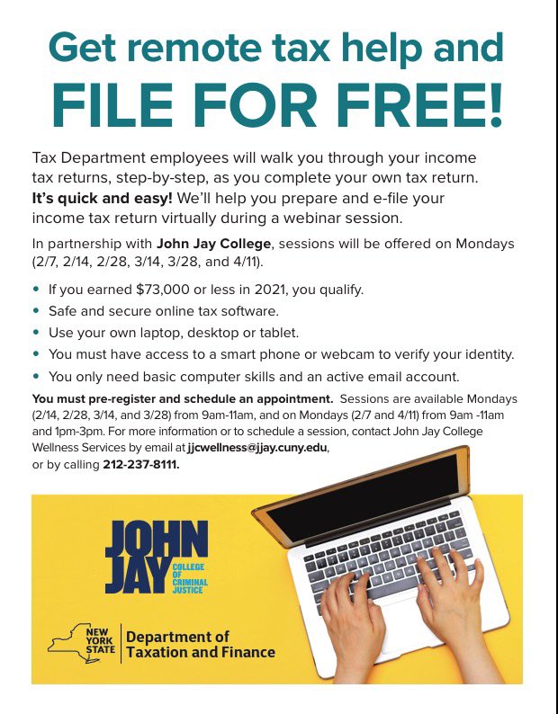 jjcwellness's tweet photo. ATTENTION BLOODHOUNDS! Tax season is on its way and we want all our students to feel empowered and ready to file taxes. We are here for you every Monday! #MyJohnJay https://t.co/vUGQpTzkbO