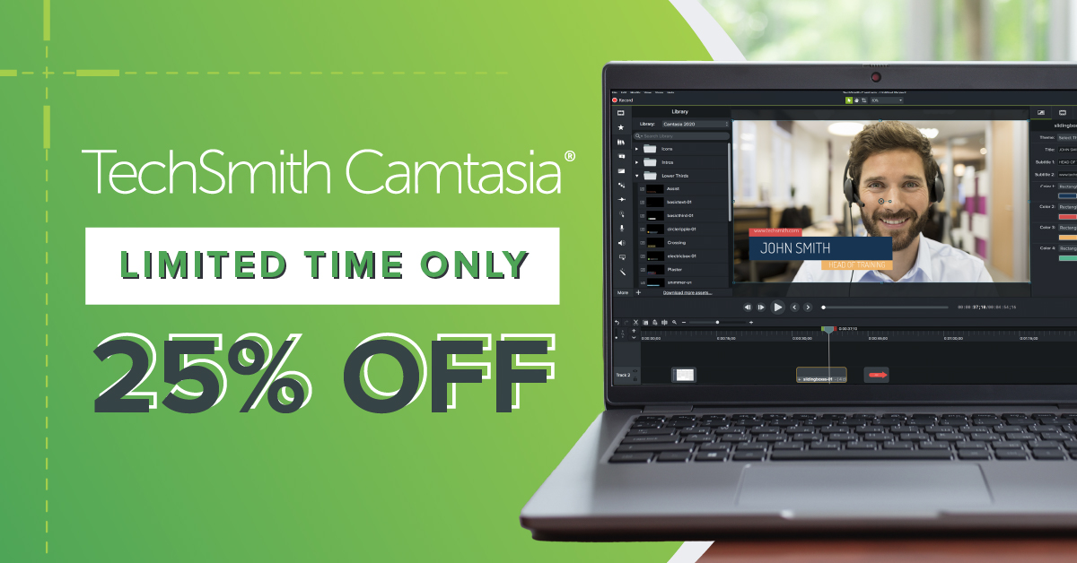 TechSmith's tweet photo. For a limited time, save 25% on new licenses of Camtasia! 💚
 https://t.co/4CeS1YuQ3B https://t.co/mIbJrGZNkr