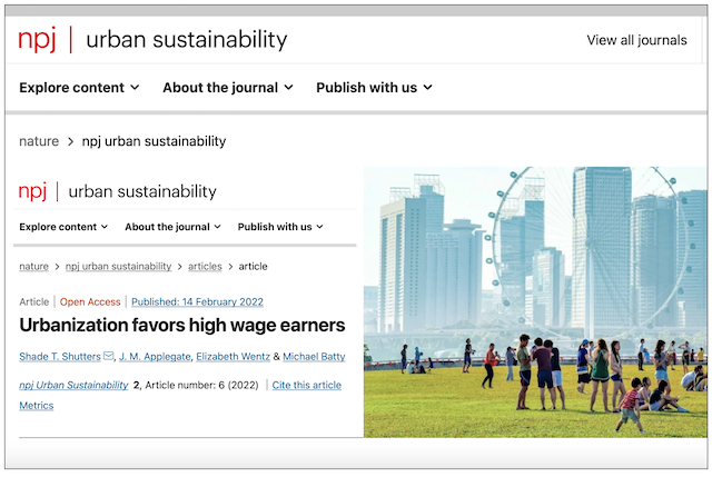 Our short article out today in Nature Urban Sustainability Open Access – “Urbanization favors high wage earners” by Shutters, Applegate, Wentz, and Batty, in go.nature.com/3HOy1x9