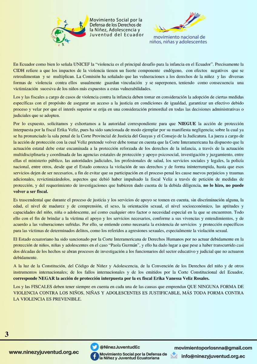 Nuestros derechos son prioridad, es inaceptable que una ex funcionaria o fiscal vuelva a su cargo con estos antecedentes. La niñez necesitamos de funcionarios que protejan nuestros derechos🗣️

#URGENTE #MovimientoSocialPorLaNiñezEc   #NiñosNaranjal <a href="/ivansaquicela/">Iván Saquicela Rodas :.</a> <a href="/FaustoMurilloEC/">Fausto Murillo Fierro</a>