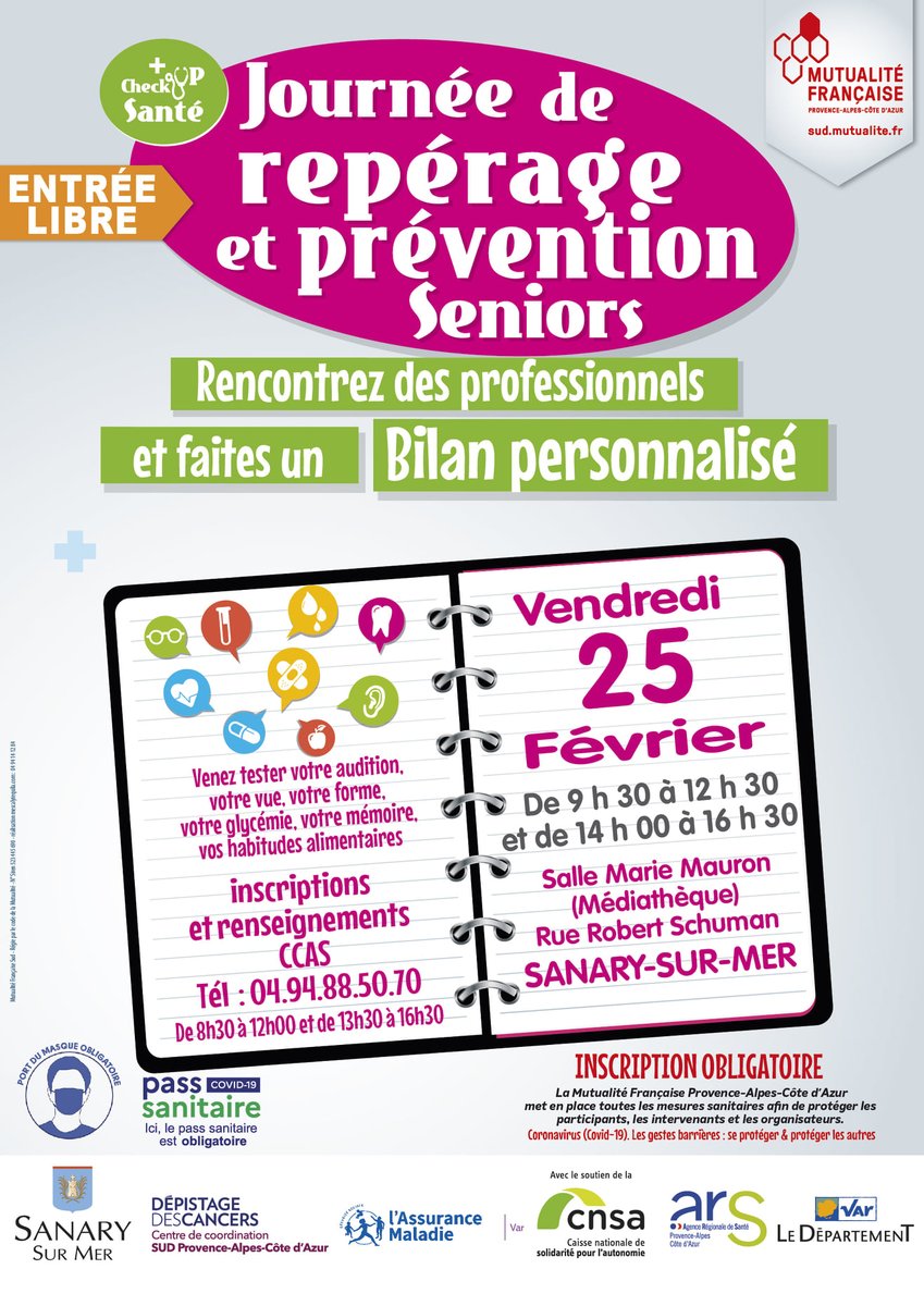 [#SANTÉ] 👉 Pour rappel, une journée de repérage et de prévention séniors est organisée à la salle Marie Mauron le vendredi 25 février prochain. Plus d'infos : facebook.com/villedesanary/…