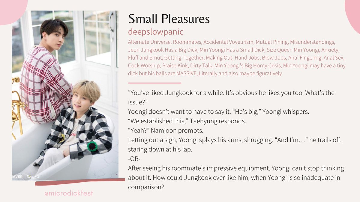 microdickfest's tweet photo. 🌸 Small Pleasures 🌸

🌸 Author: deepslowpanic
🌸 Explicit 🔞
🌸 No Archive Warnings Apply
🌸 M/M
🌸 Yoonkook

Read it on AO3: https://t.co/HVJEzEo8B1 https://t.co/bgHM2K0y6K
