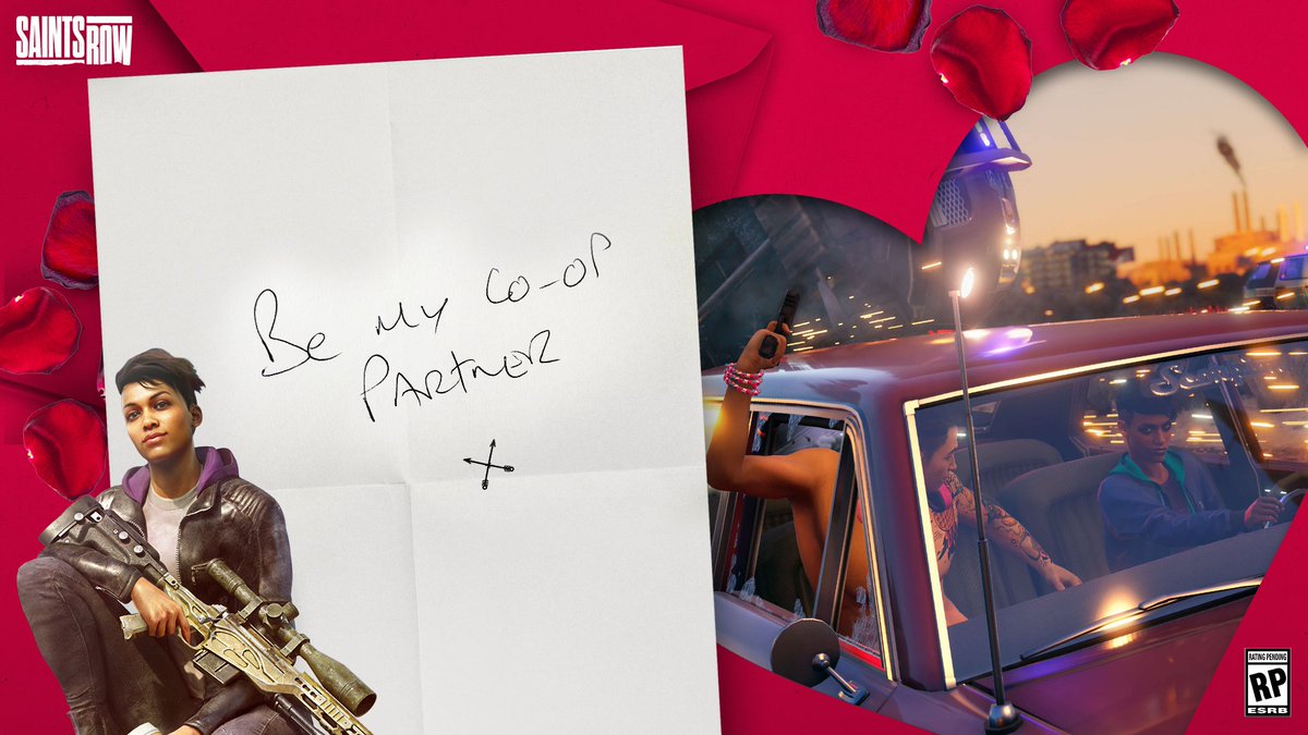 Image of the Boss and Kevin from Saints Row in a car, causing mayhem. Text "Be my co-op partner"