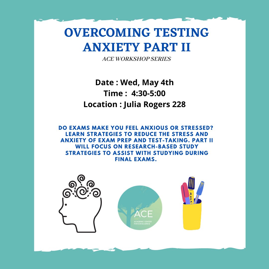 ACEGoucher's tweet photo. Hello Gophers,

Join ACE on Wednesday,  May 4th from 4:30-5:00 in Julia Rogers 228 for the "Overcoming Test Anxiety Part II" Workshop ☺ https://t.co/2hE4jENjU4