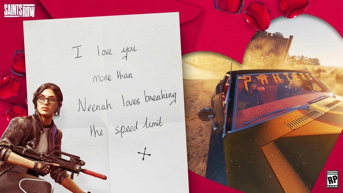 Image of Neenah from Saints Row, she is driving. Text "I love you more than Neenah loves breaking the speed limit"