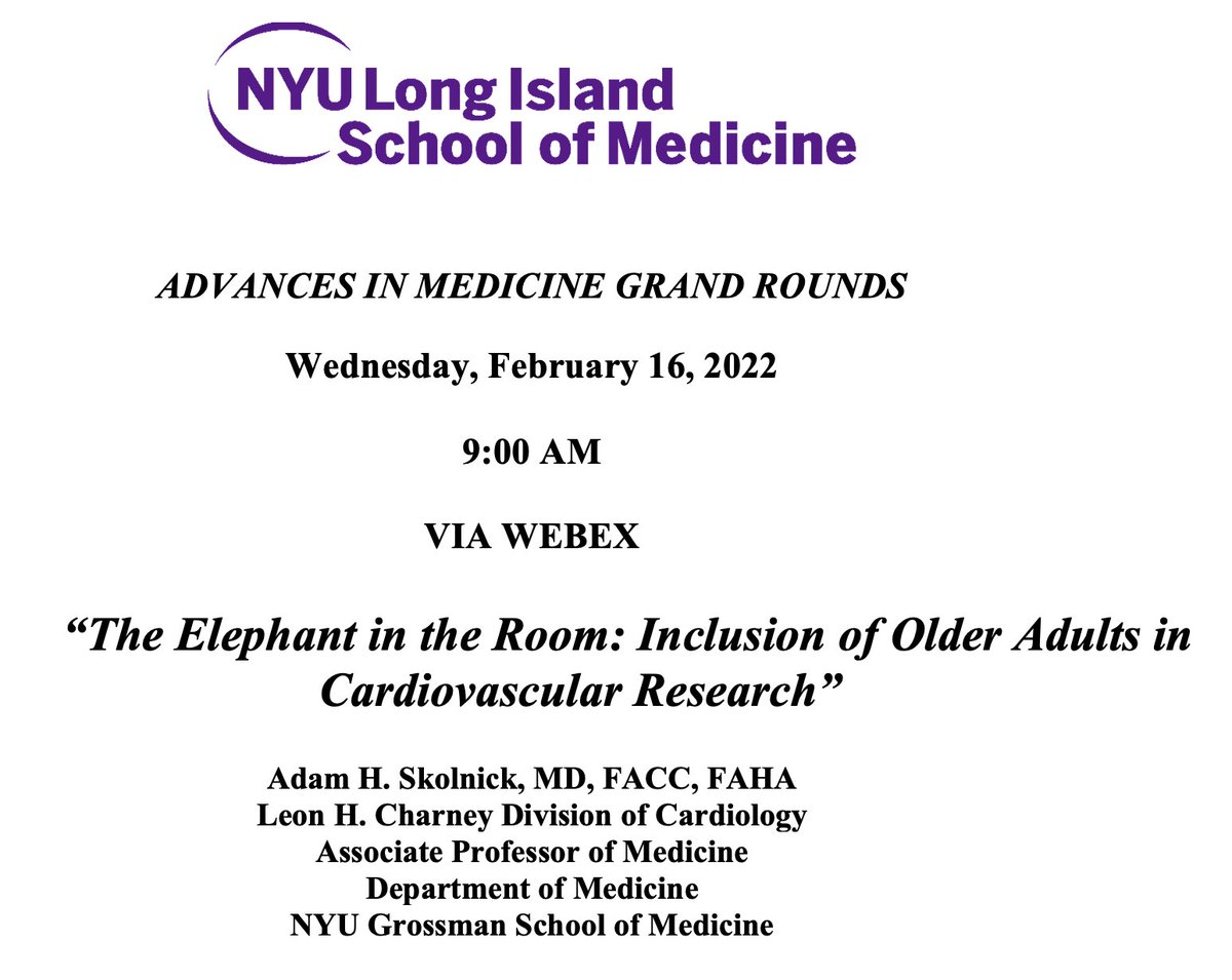 This is sure to be a good talk @NYULangoneLI from an outstanding speaker (@nyheartdoc) who’s advocated for our older patients for over a decade. @nyulisom @nyugrossman @JChodoshMD @glennfishman @PlateletDoc @MarkPochapin @AHausvater @KAlexanderMD @jameshorowitzmd @meganerau