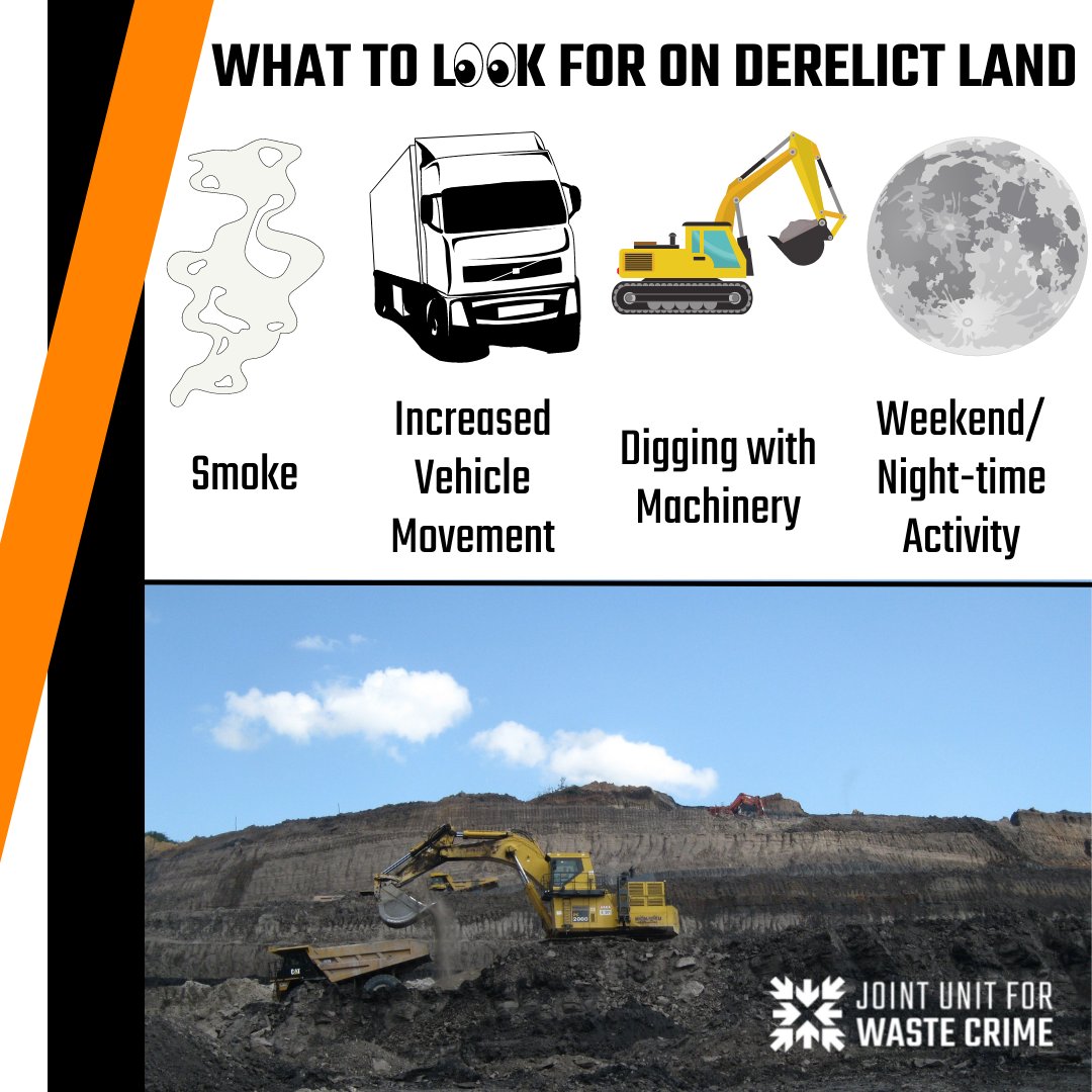 Do you know what #SuspiciousActivity looks like?

Here's some things to look out for near #DerelictLand:

🔥Smoke
🚛Increased Vehicle Movement
🌛Weekend/Night-time Activity
🚧Digging with Machinery

📢 Speak up with any info 100% anonymously to @CrimestoppersUK

#JUWC #WasteCrime