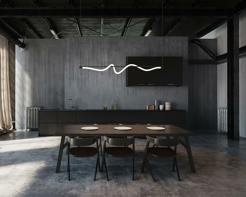 Cursive  | Famous Maker Monday
The Cursive linear pendant is a fluid signature of light, formed by an effortless acrylic form dancing around a center rod, suspended by two cables. Available in a black metal finish, this pendant offers soft ambient light diffused by a frosted lens