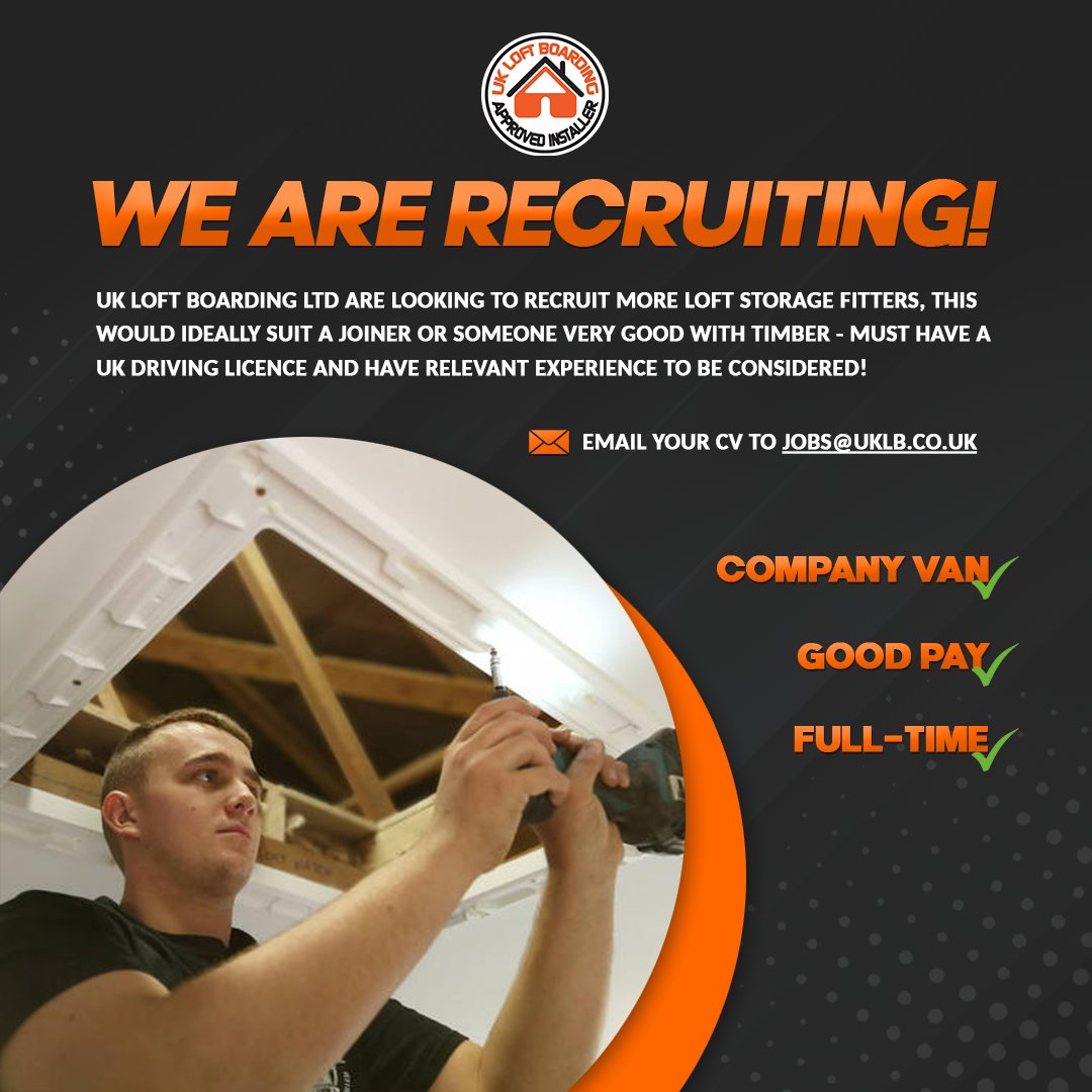 Looking for a career change? Do you have experience in Joinery or DIY?
Earn great money working for UK Loft Boarding! This is a permanent position working around the Northwest of England.
Apply today on Indeed using the following link: shorturl.at/adBJX